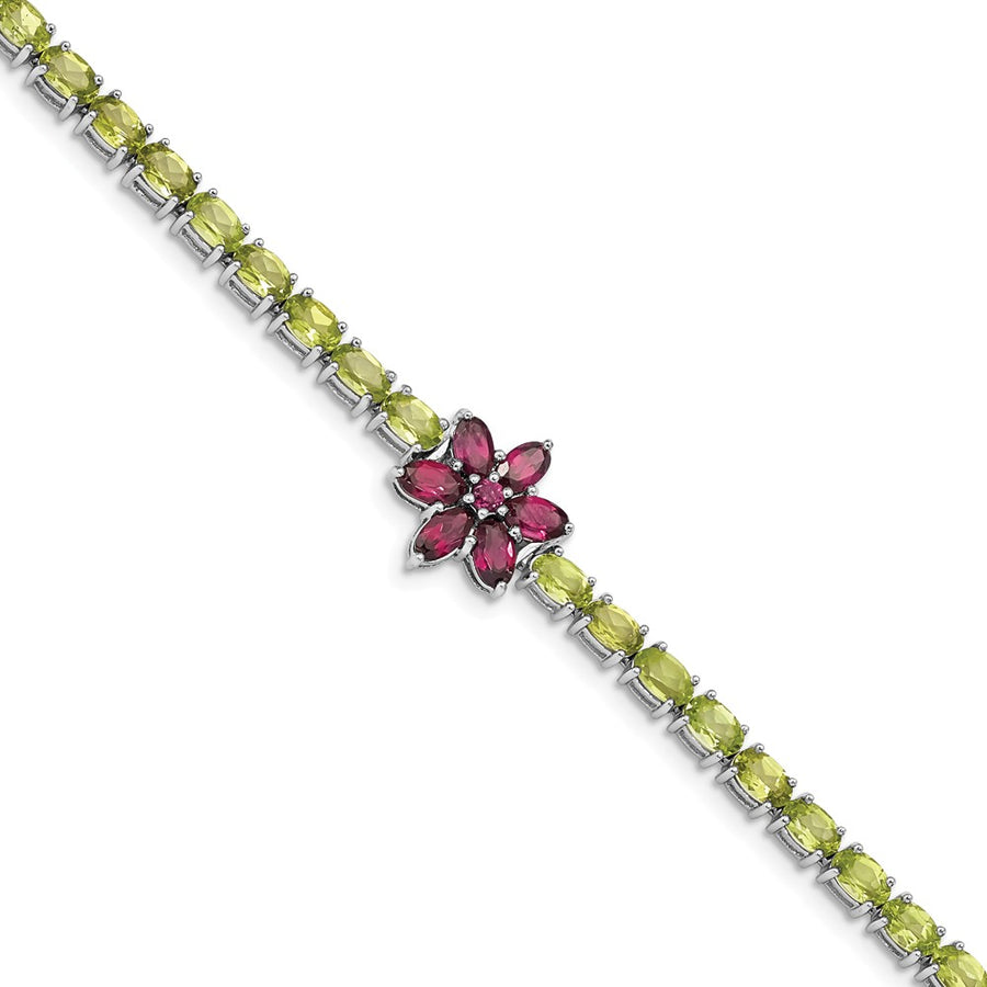 Quality Gold Sterling Silver Rhodium-plated Peridot & Rhodolite Flower Bracelet