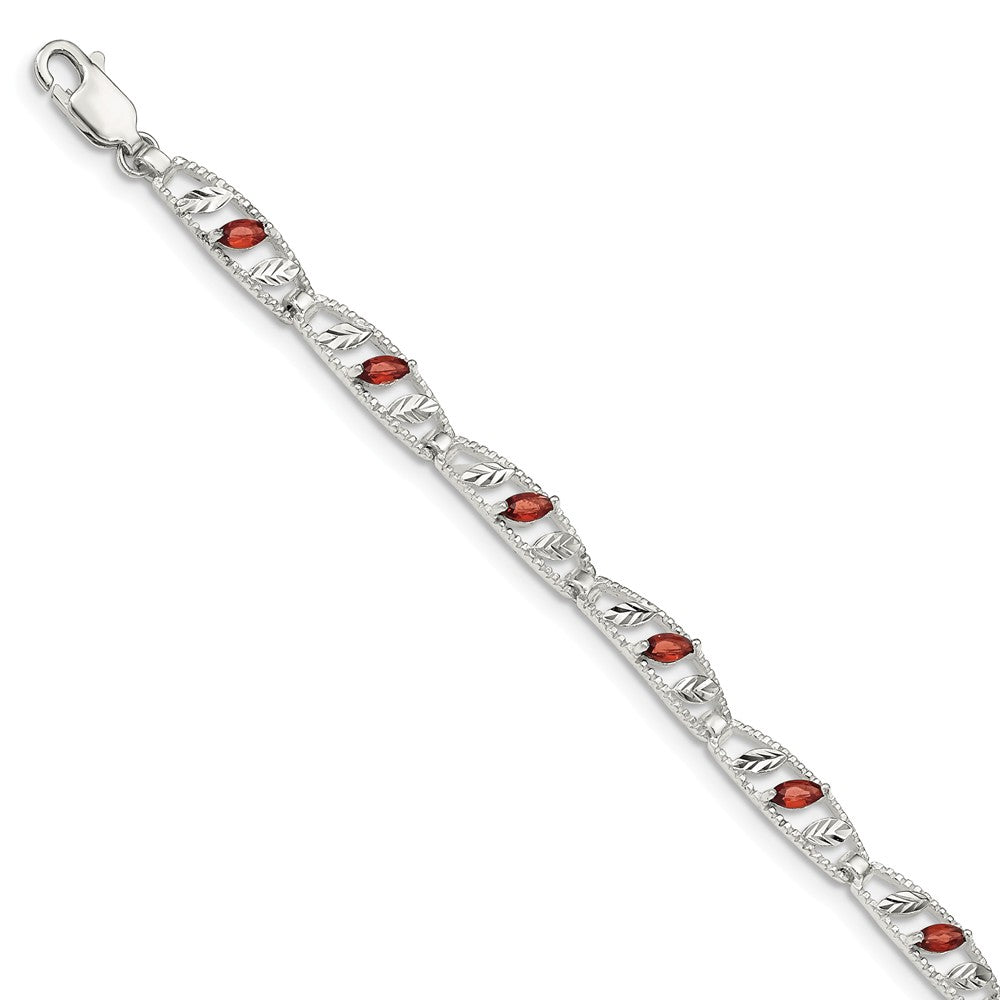 Quality Gold Sterling Silver Garnet Diamond-cut Leaves Bracelet