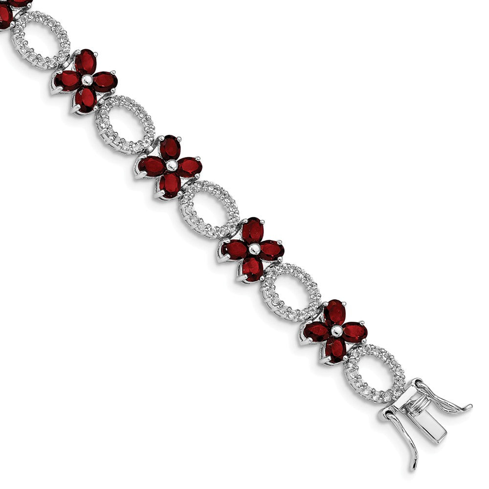 Quality Gold Sterling Silver Rhodium-plated Garnet Flower & White Topaz Bracelet