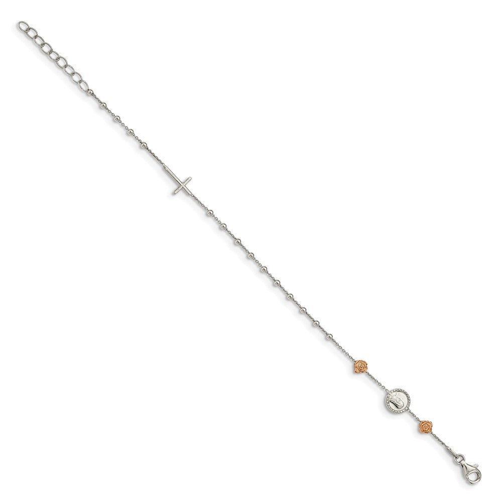 Quality Gold Sterling Silver Beaded Rosary Rose-tone Roses 1IN Ext Bracelet