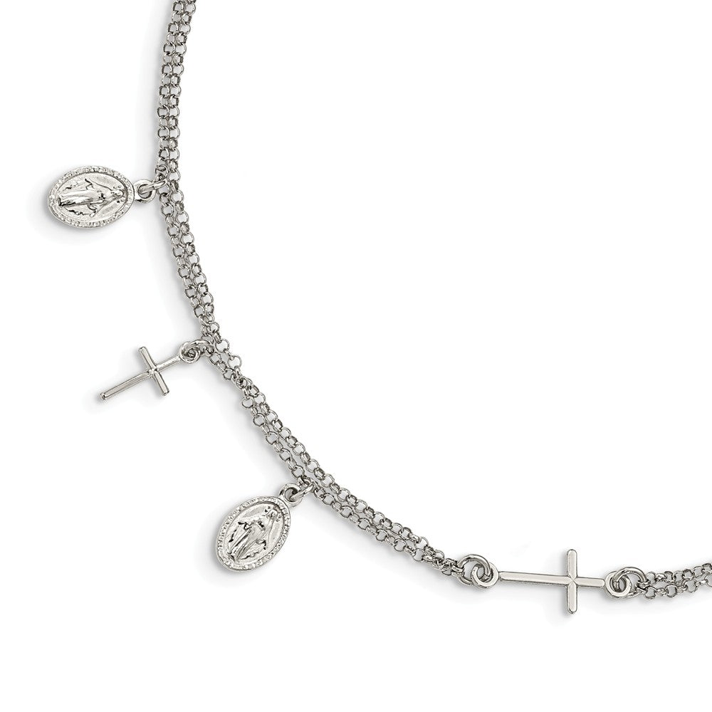 Quality Gold Sterling Silver Cross & Mary Charm with 1in .ext Bracelet
