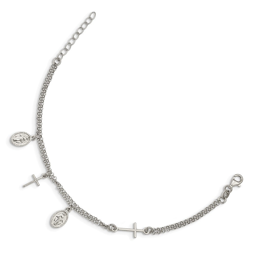 Quality Gold Sterling Silver Cross & Mary Charm with 1in .ext Bracelet