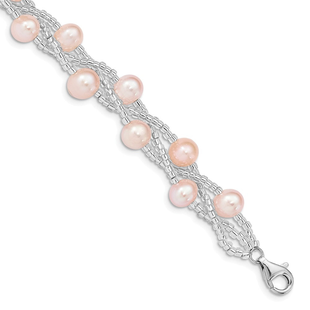 Quality Gold Sterling Silver Rhd-plt 7-9mm Pink FWC Pearl Plastic Bead Bracelet