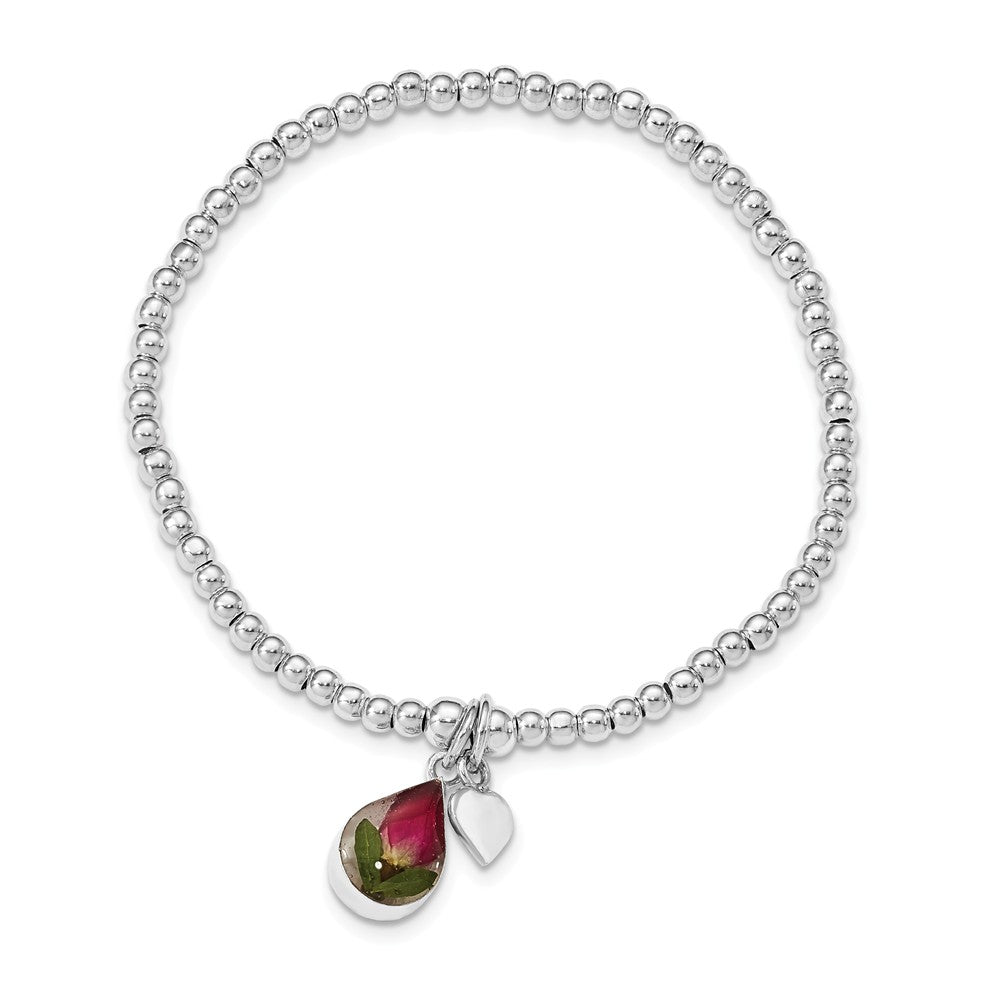 Quality Gold Sterling Silver Shrieking Violet Real Rose Bud Beaded Stretch Bracelet