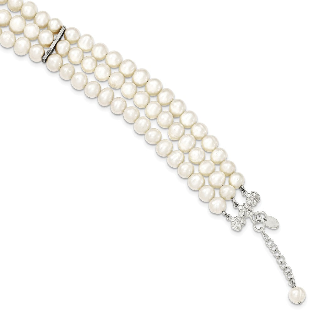 Quality Gold Sterling Silver Triple Strand White FW Cultured Pearl Bracelet