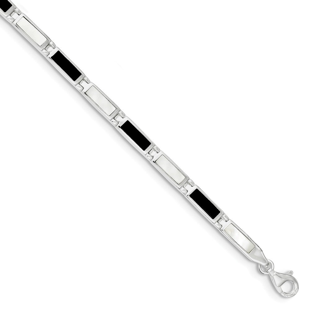 Quality Gold Sterling Silver 7inch Fancy Onyx & Mother Of Pearl Bracelet