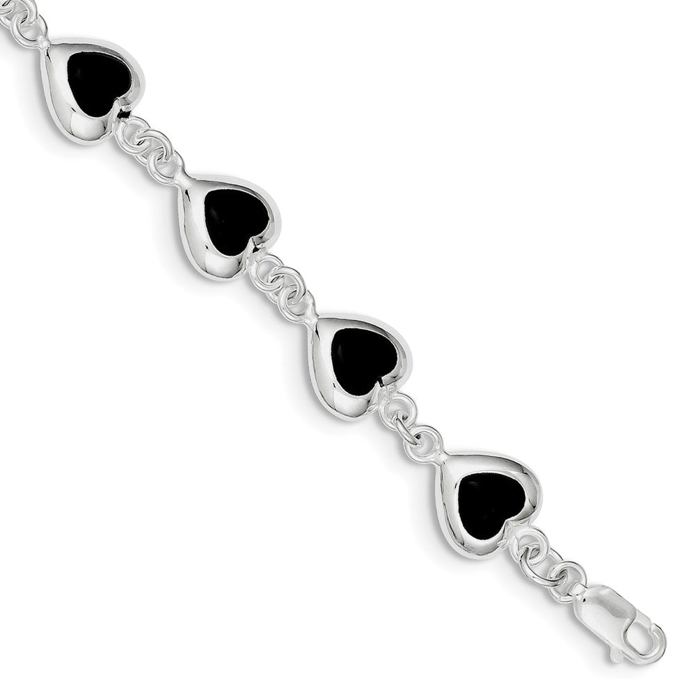 Quality Gold Sterling Silver 7inch Fancy Polished Heart Onyx Bracelet
