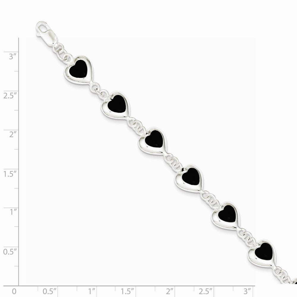 Quality Gold Sterling Silver 7inch Fancy Polished Heart Onyx Bracelet