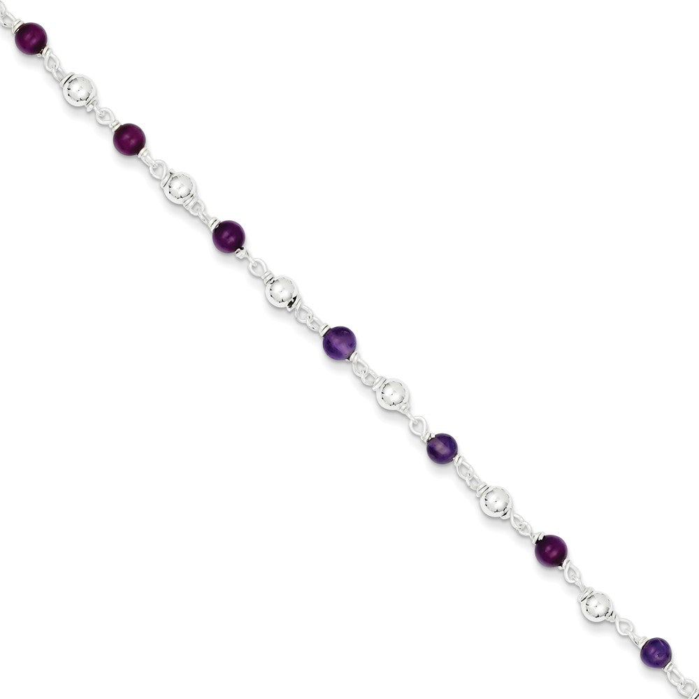 Quality Gold Sterling Silver 7inch Polished Amethyst Beaded Bracelet