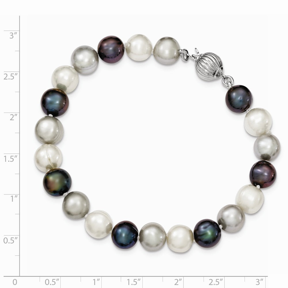 Quality Gold Sterling Silver 8-9mm FW Cultured White Platinum Black Pearl Bracelet