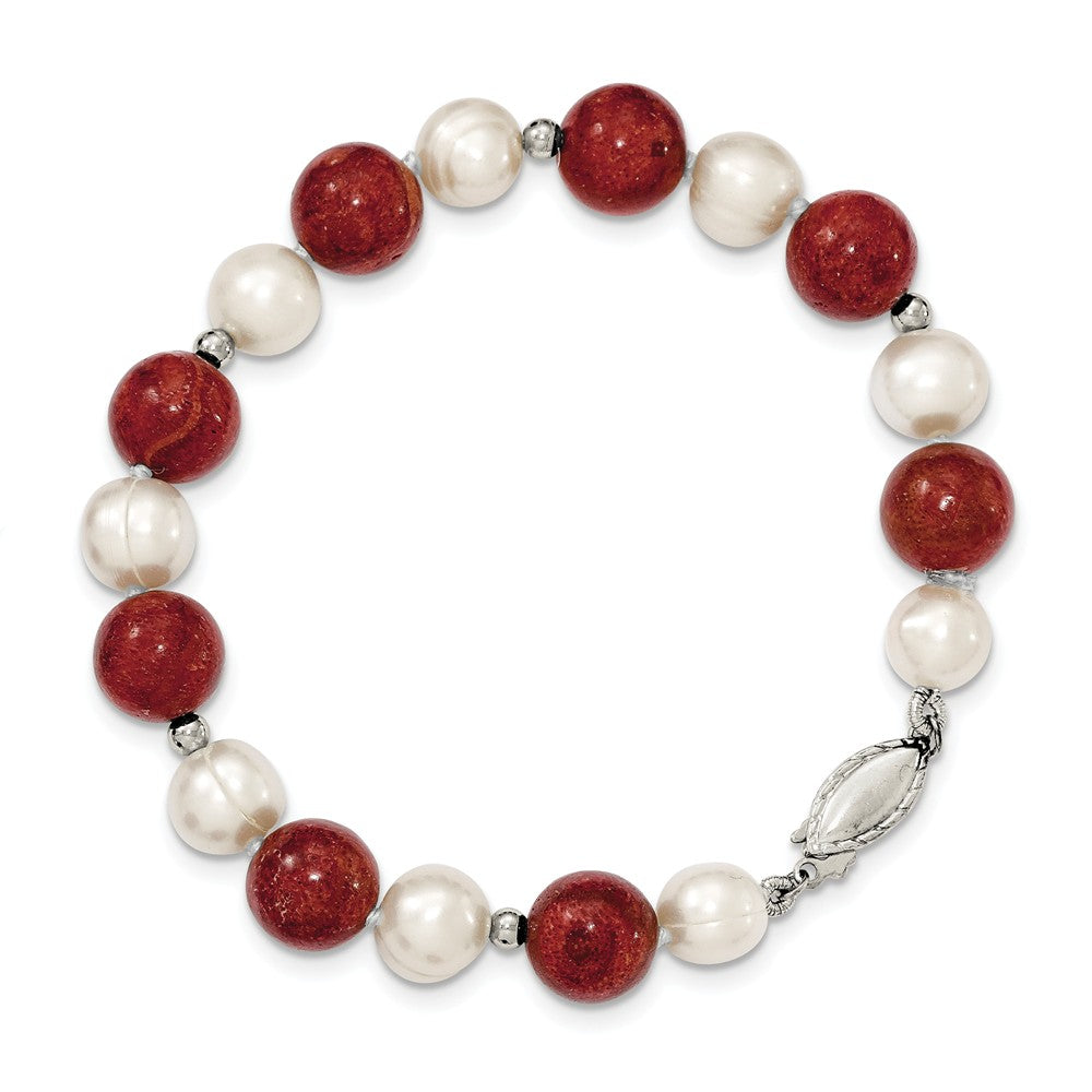 Quality Gold Sterling Silver FW Cultured Pearl & Stabilized Red Coral Bracelet