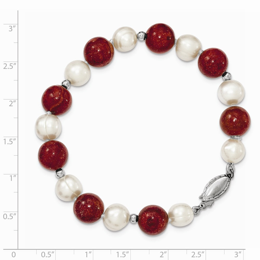 Quality Gold Sterling Silver FW Cultured Pearl & Stabilized Red Coral Bracelet