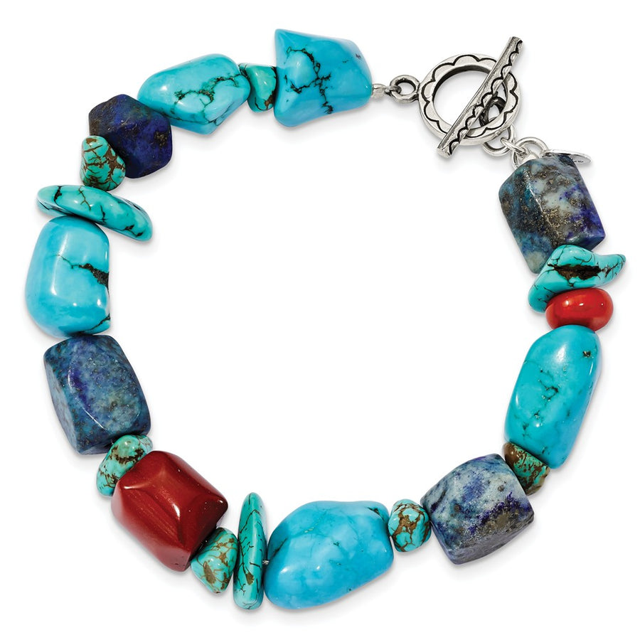 Quality Gold Sterling Silver Red Coral Howlite Lapis & Turquoise Bracelet