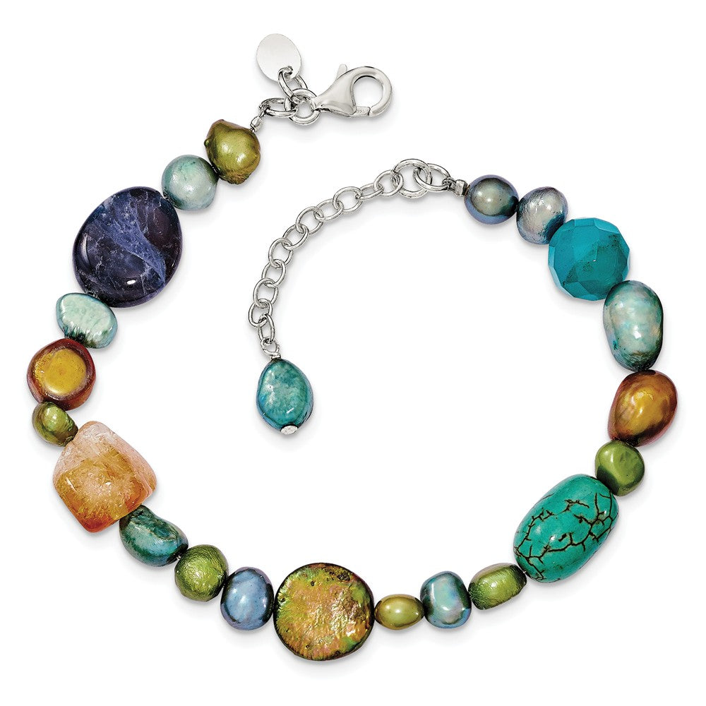 Quality Gold Sterling Silver Citrine Lapis Dyed Howlite FW Cultured Pearl Bracelet