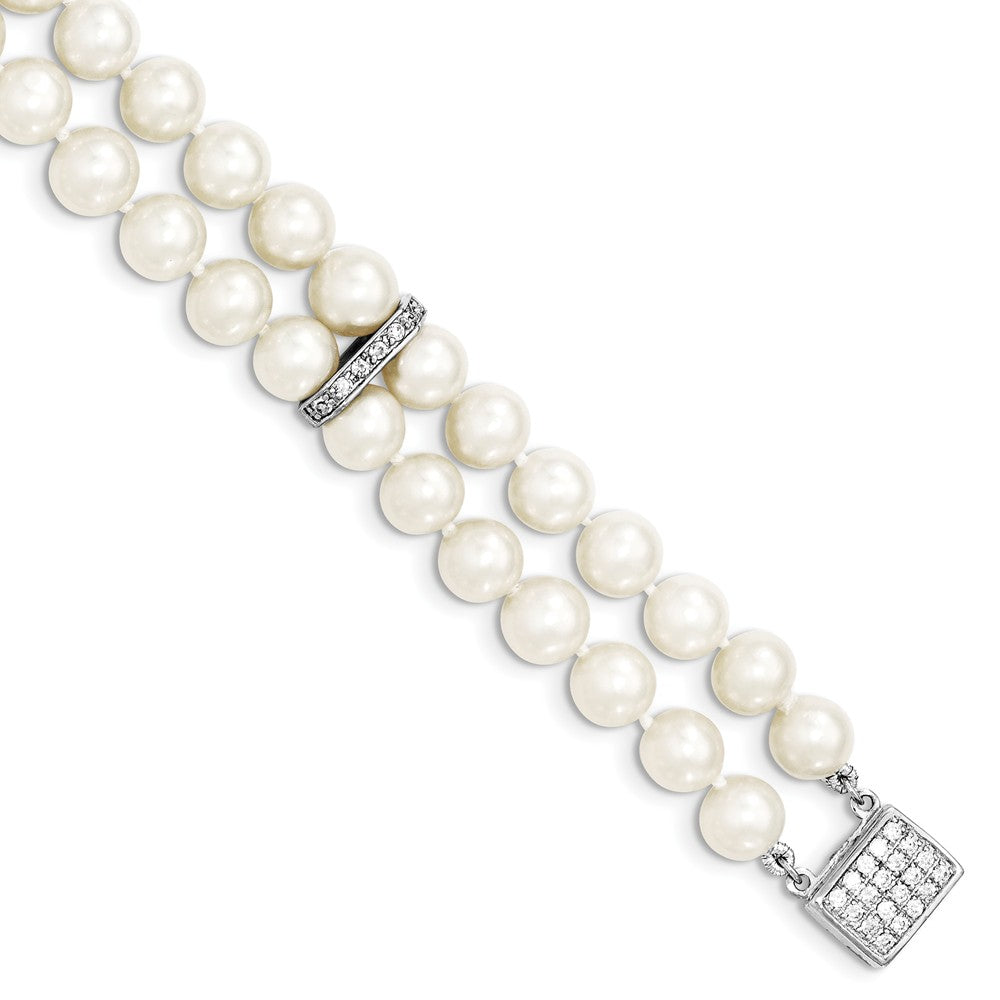 Quality Gold Sterling Silver Rhodium 7-8mm White FWC Pearl 2-Strand CZ Fancy Bracelet