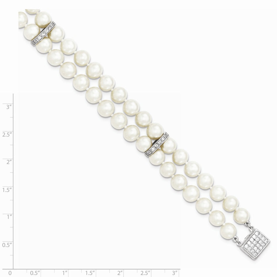 Quality Gold Sterling Silver Rhodium 7-8mm White FWC Pearl 2-Strand CZ Fancy Bracelet