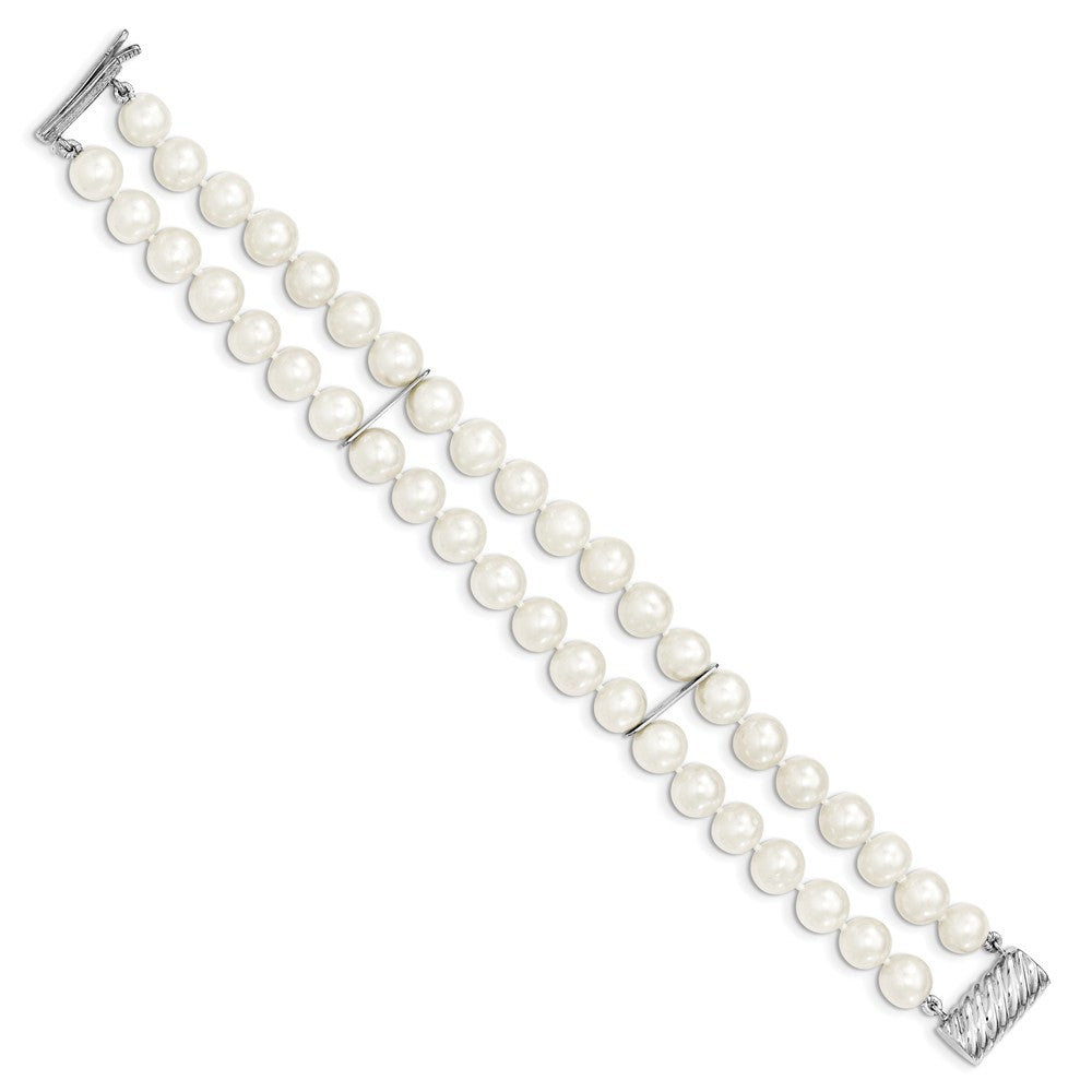 Quality Gold Sterling Silver 7.5-8.5mm White FW Cultured Pearl 2-Strand Bracelet