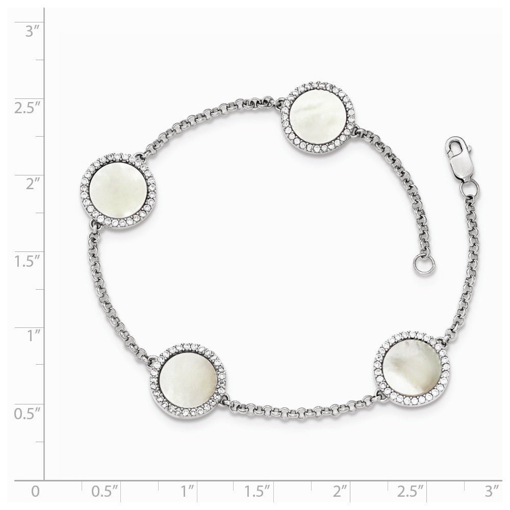 Quality Gold Sterling Silver Rhodium-plated Mother of Pearl CZ 4 Station Fancy Bracelet