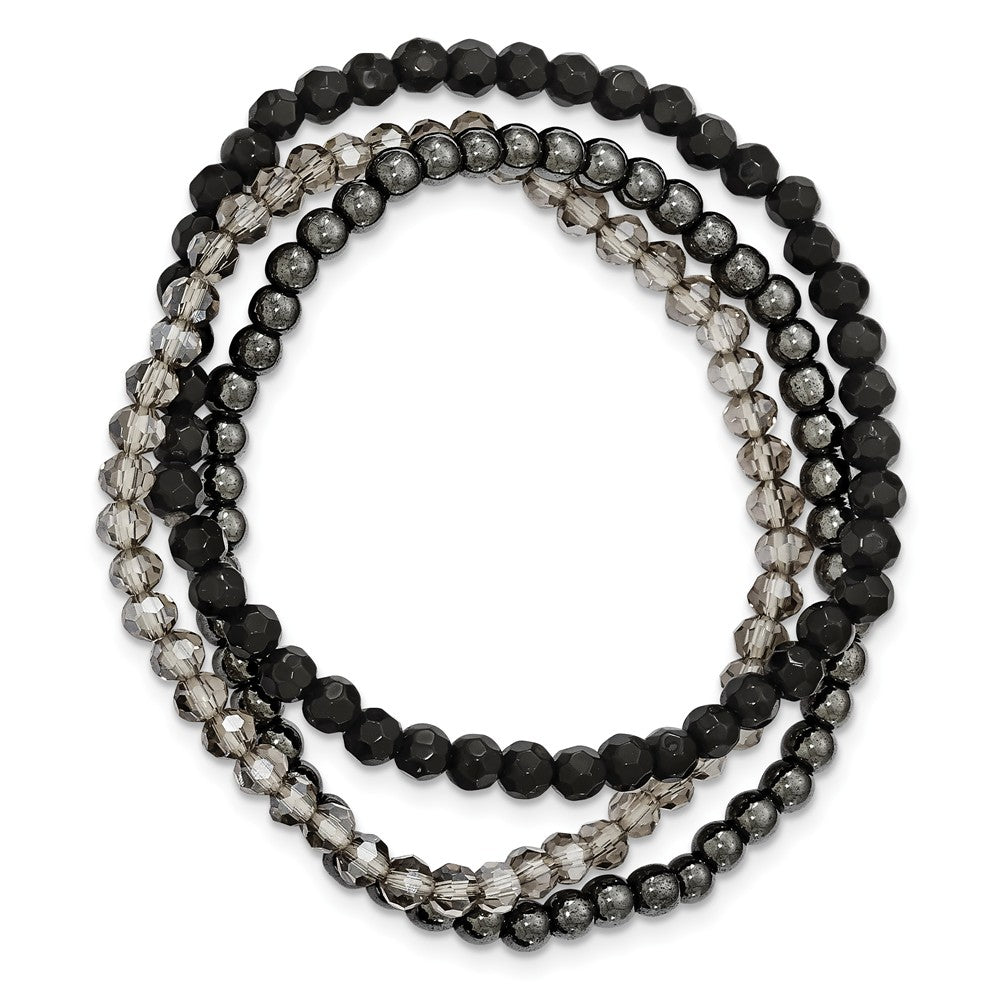Quality Gold Sterling Silver Black and Smoky Crystal Hematite Stretch Bracelet