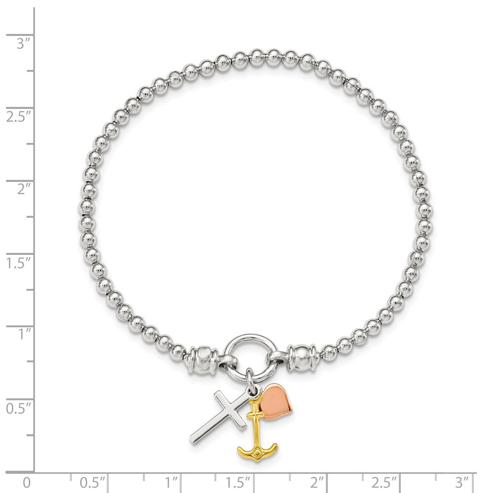 Quality Gold Sterling Silver Rose & Gold-tone Heart Cross Anchor Stretch Bracelet