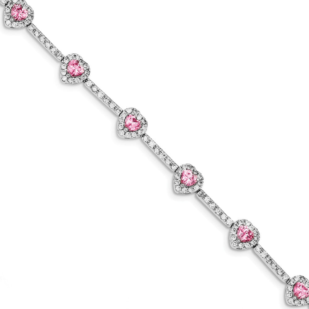 Quality Gold Sterling Silver 7inch Pink and Clear CZ Heart Bracelet