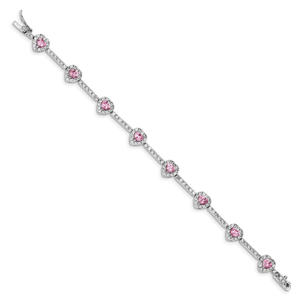 Quality Gold Sterling Silver 7inch Pink and Clear CZ Heart Bracelet
