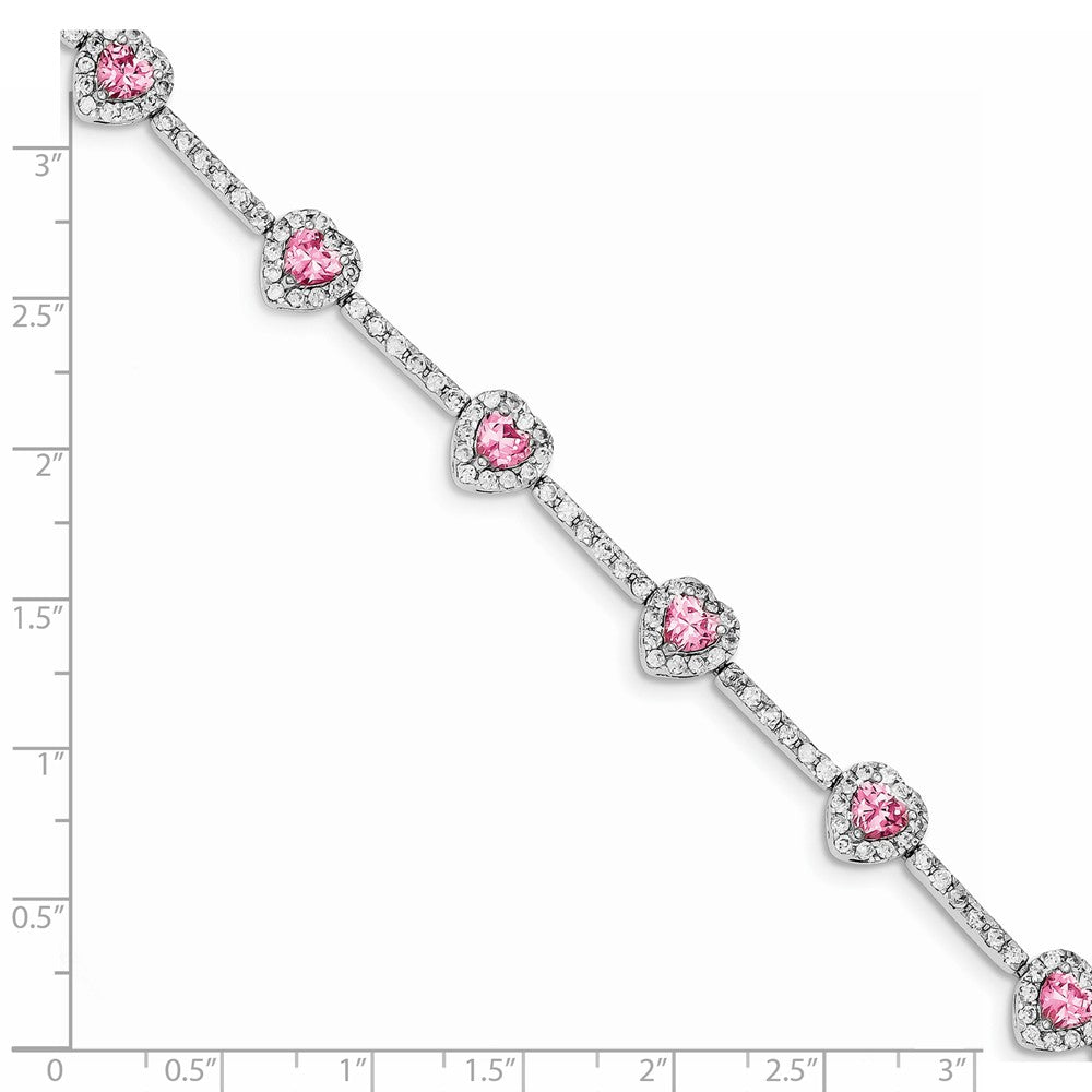 Quality Gold Sterling Silver 7inch Pink and Clear CZ Heart Bracelet