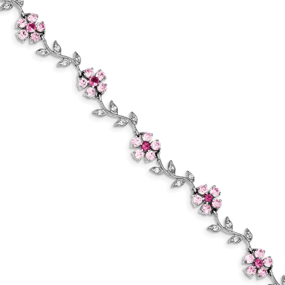 Quality Gold Sterling Silver Rhodium-plated 7.75inch Pink and Clear CZ Flower Bracelet