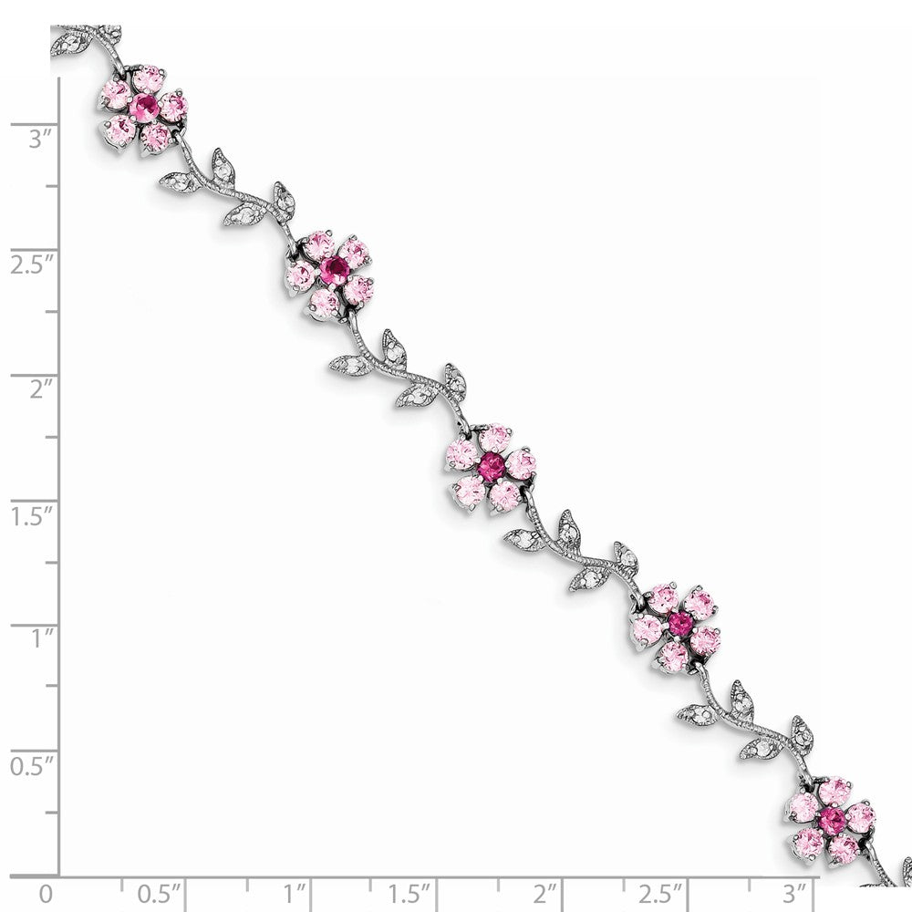 Quality Gold Sterling Silver Rhodium-plated 7.75inch Pink and Clear CZ Flower Bracelet