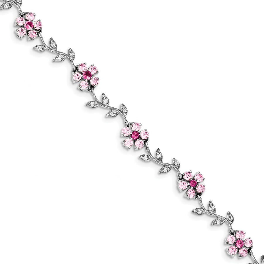 Quality Gold Sterling Silver Rhodium-plated 7.75inch Pink and Clear CZ Flower Bracelet