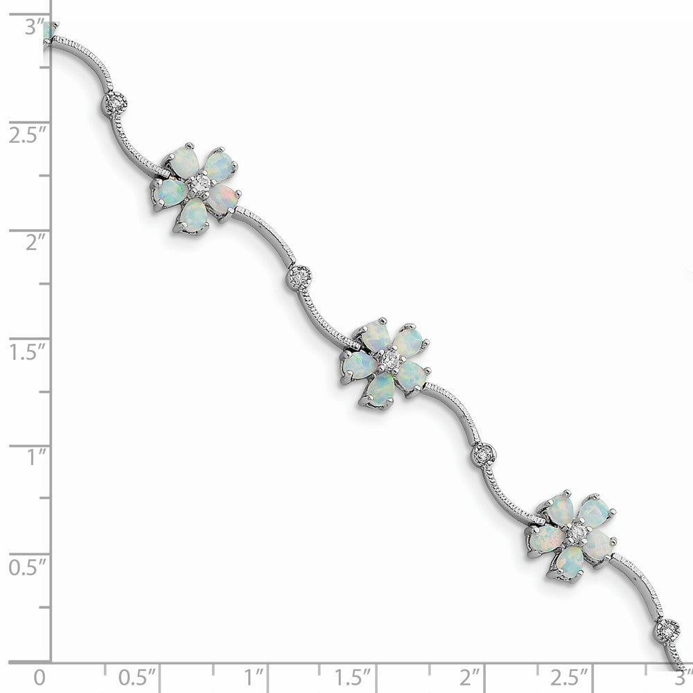 Quality Gold Sterling Silver Rhodium-plated 7inch Created Opal & CZ Flower Bracelet