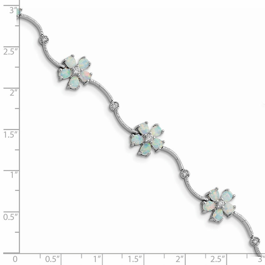 Quality Gold Sterling Silver Rhodium-plated 7inch Created Opal & CZ Flower Bracelet