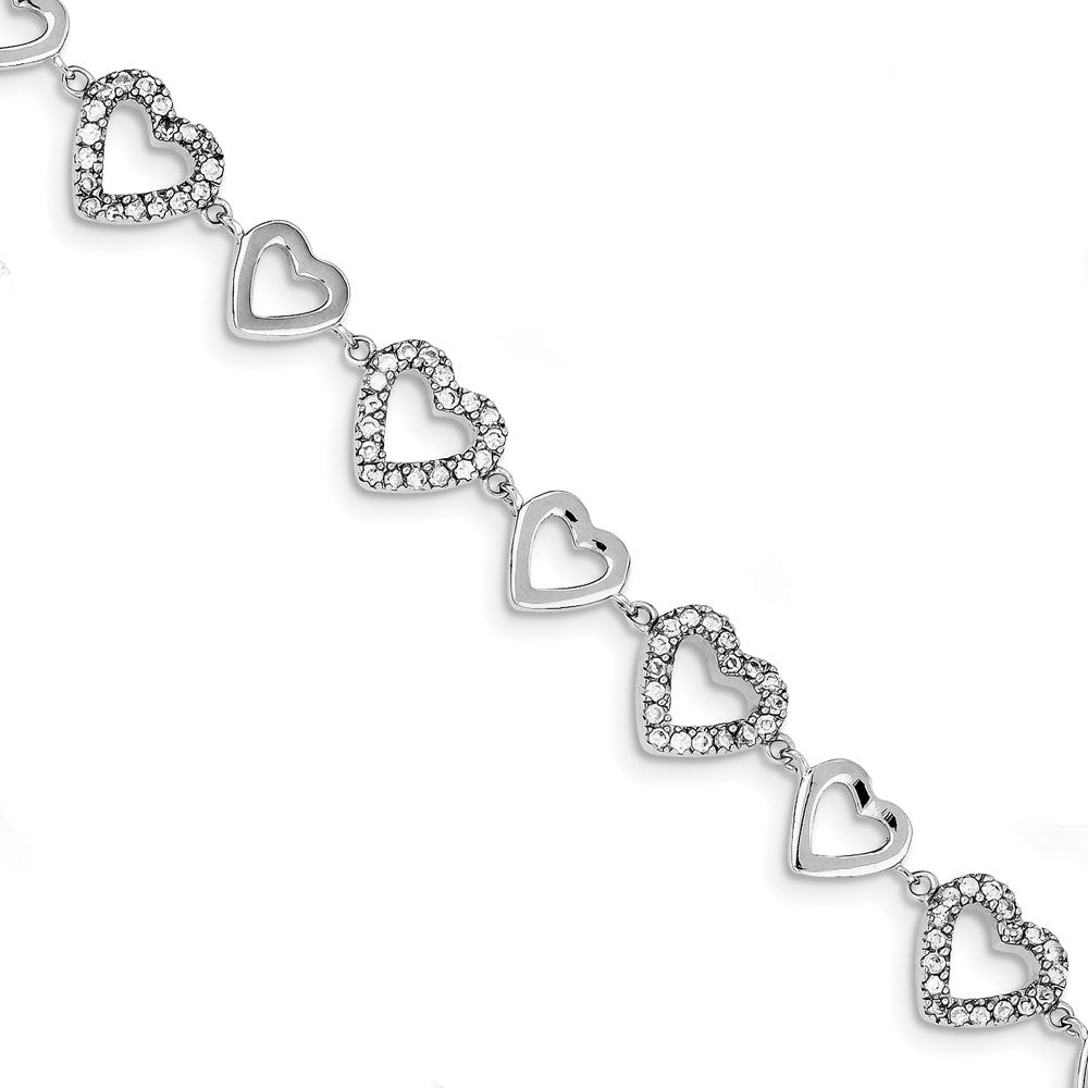 Quality Gold Sterling Silver Rhodium-plated 7in Polished & CZ Hearts Bracelet