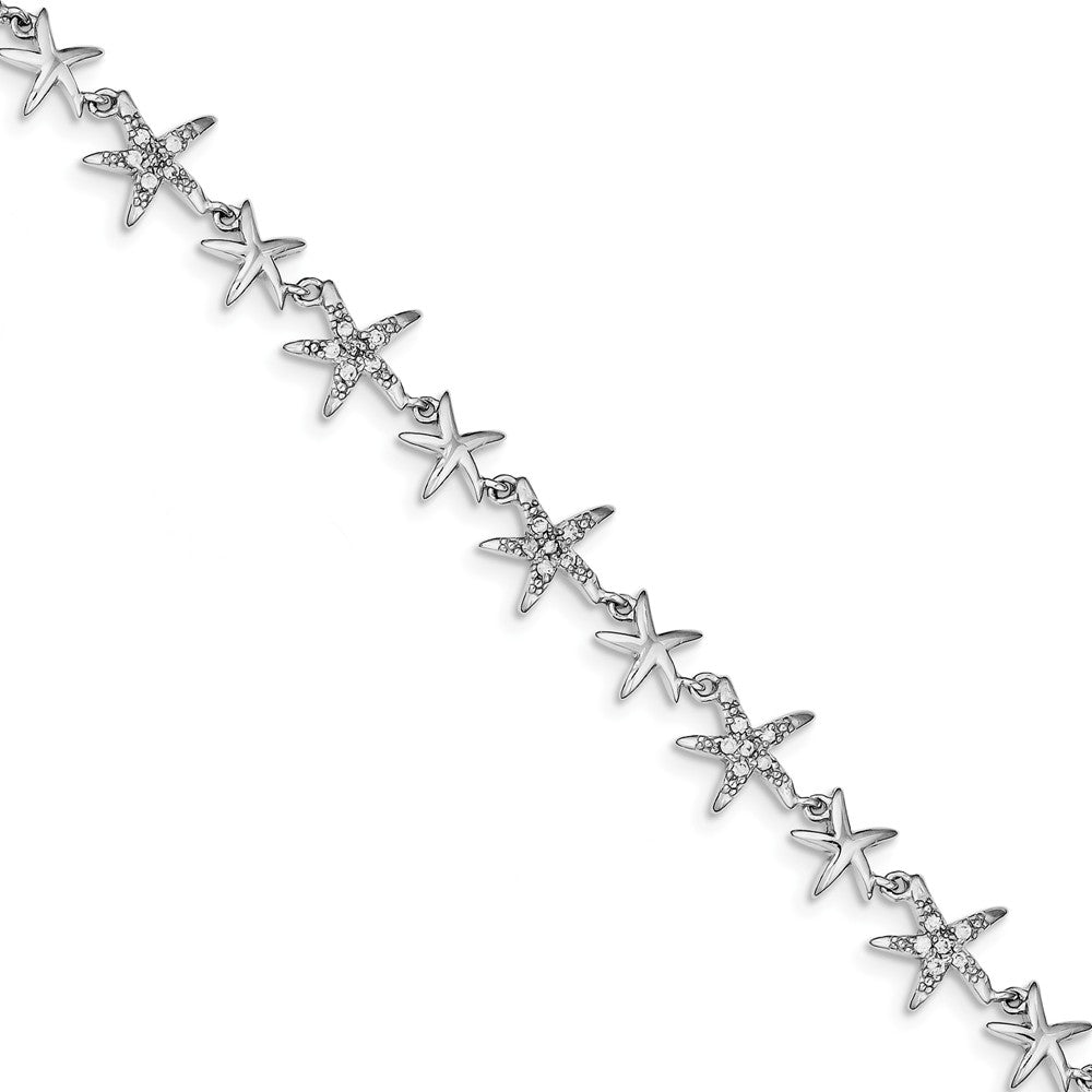 Quality Gold Sterling Silver Rhodium 7.25in Alternating Polished & CZ Starfish Bracelet