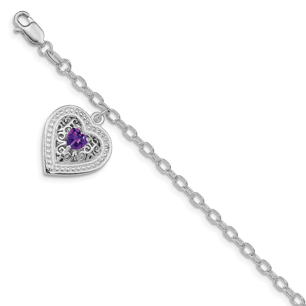 Quality Gold Sterling Silver Rhodium-plated Purple CZ Heart Link Bracelet