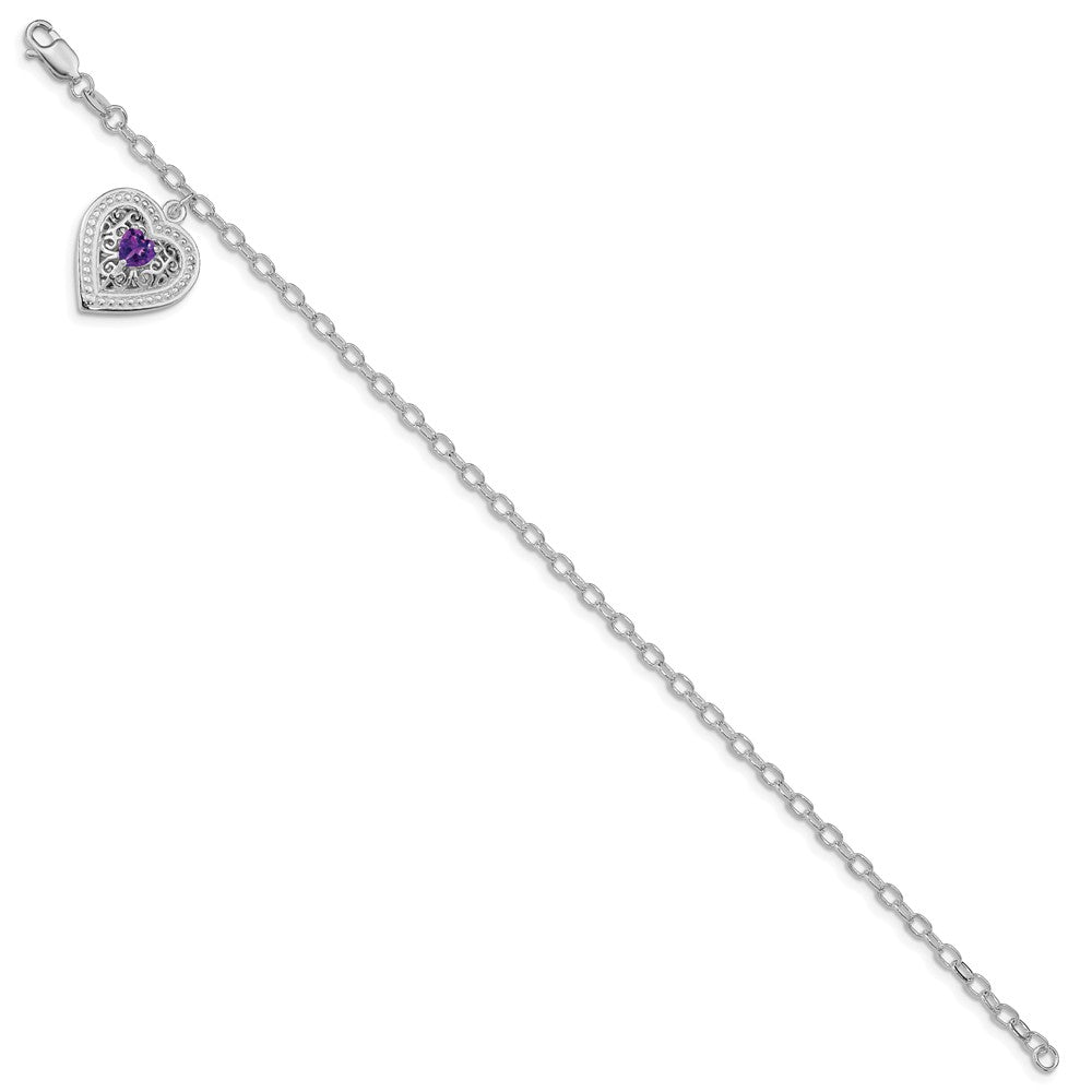 Quality Gold Sterling Silver Rhodium-plated Purple CZ Heart Link Bracelet