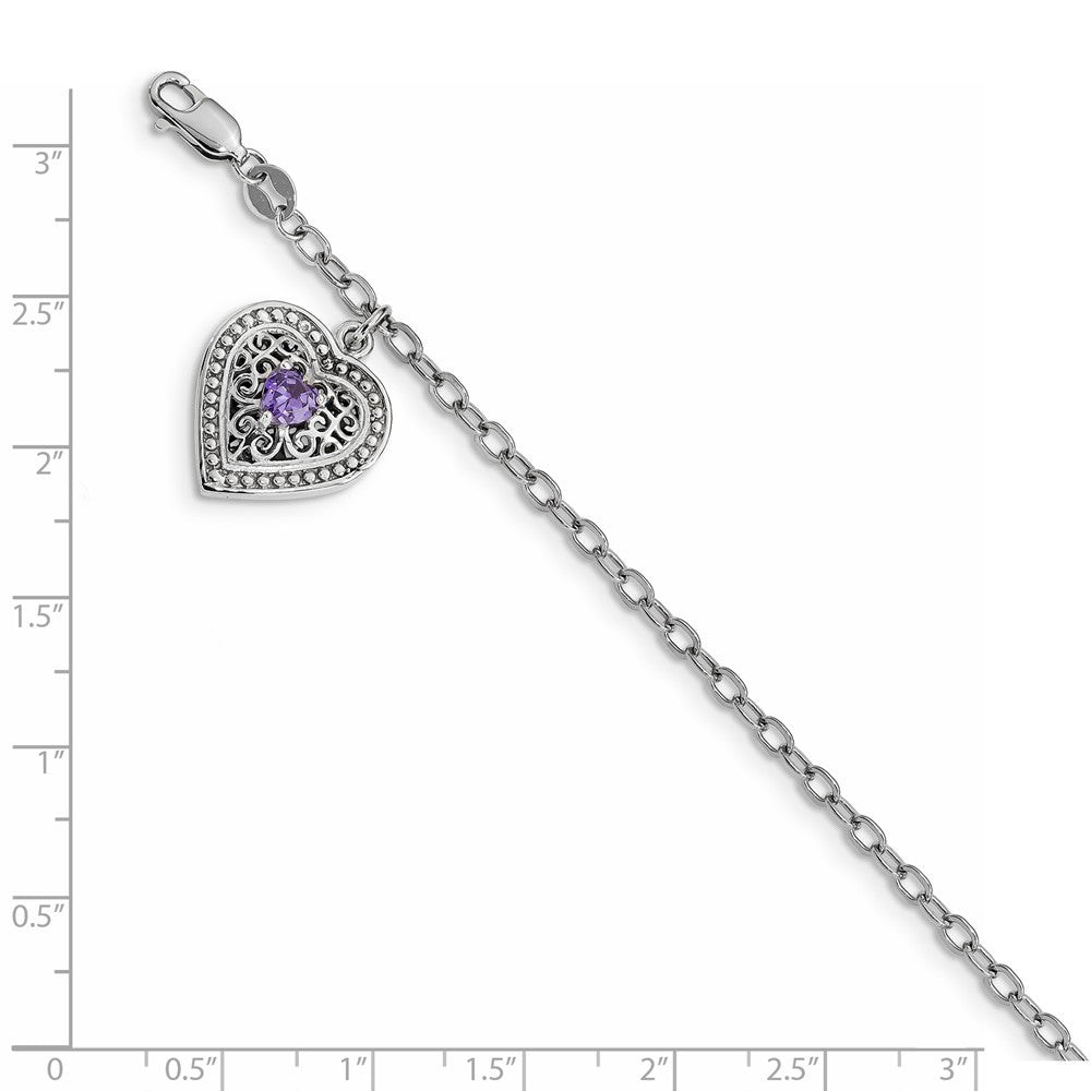 Quality Gold Sterling Silver Rhodium-plated Purple CZ Heart Link Bracelet