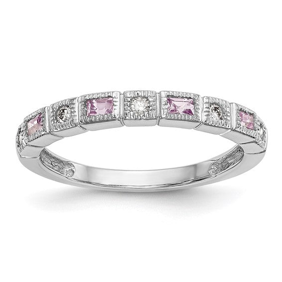 Quality Gold 14k White Gold 1/10 carat Diamond and Pink Sapphire Complete Band