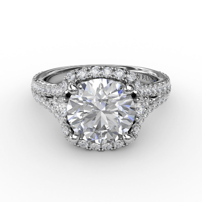 Fana Cushion Halo Engagement Ring With Side Stones and Double-Row Diamond Band