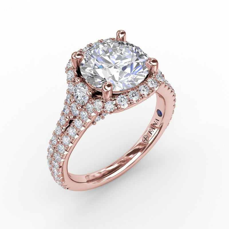Fana Cushion Halo Engagement Ring With Side Stones and Double-Row Diamond Band