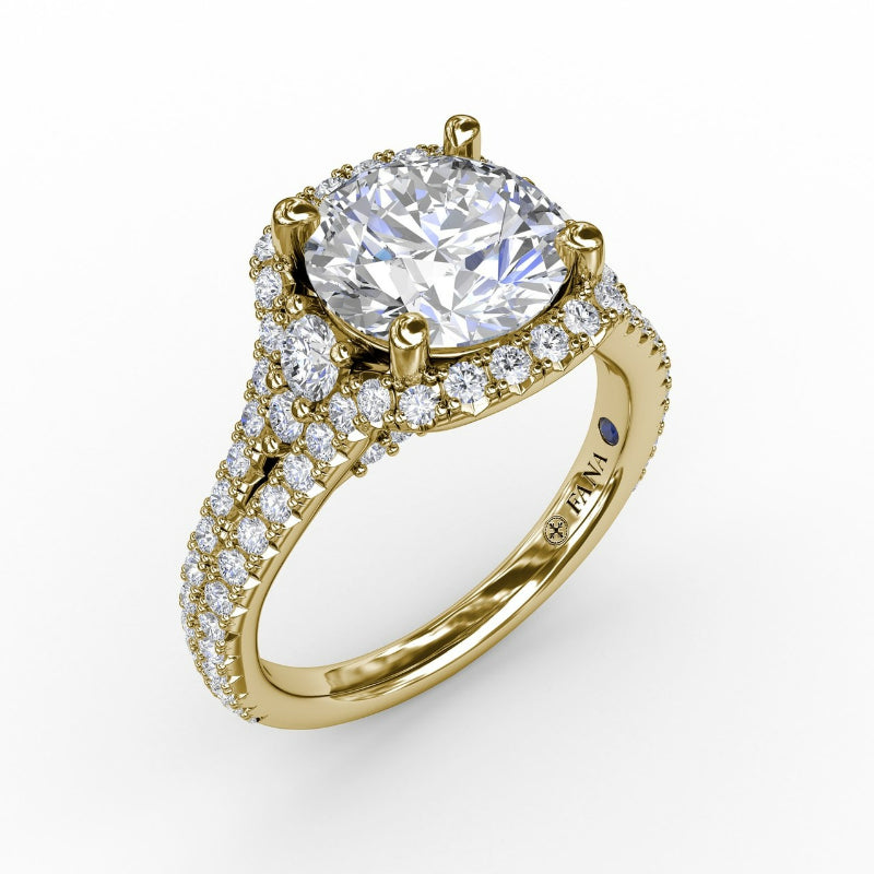 Fana Cushion Halo Engagement Ring With Side Stones and Double-Row Diamond Band