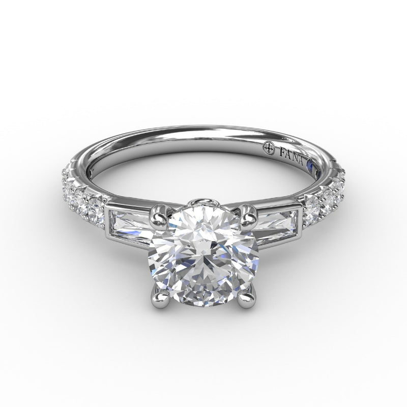 Fana Three-Stone Round Diamond Engagement Ring With Bezel-Set Baguettes and Diamond Band