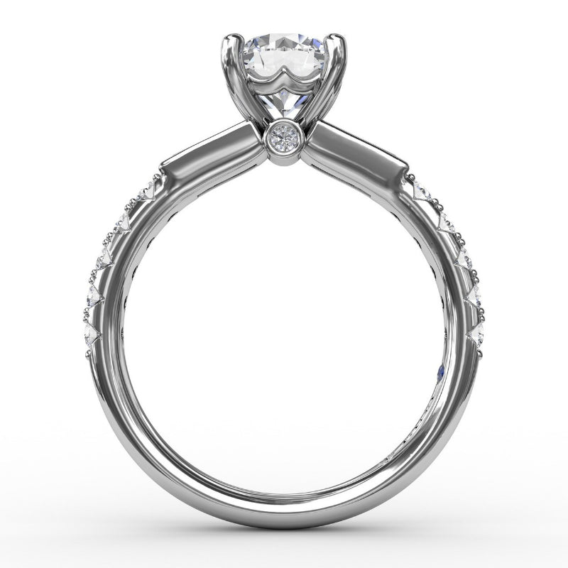 Fana Three-Stone Round Diamond Engagement Ring With Bezel-Set Baguettes and Diamond Band