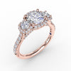 Fana Three-Stone Round Diamond Halo Engagement Ring