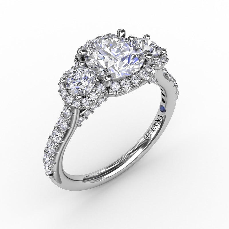 Fana Three-Stone Round Diamond Halo Engagement Ring