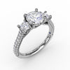 Fana Classic Three-Stone Round Diamond Engagement Ring With Pave Band