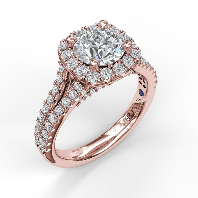 Fana Cushion Halo Engagement Ring with a Diamond Encrusted Split Band