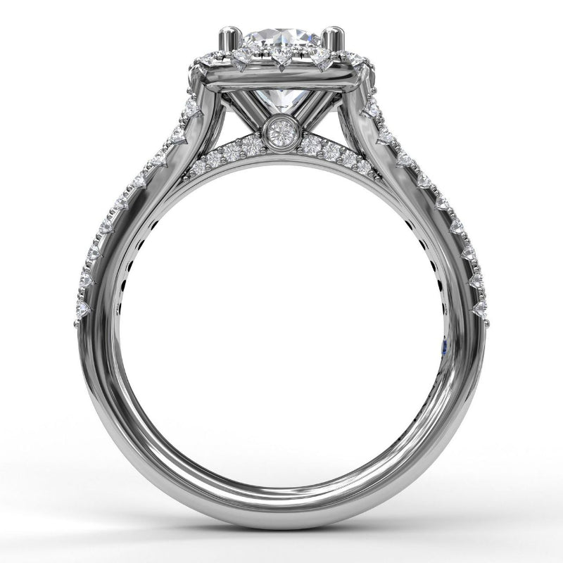 Fana Cushion Halo Engagement Ring with a Diamond Encrusted Split Band