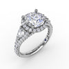 Fana Three-Stone Round Diamond Halo Engagement Ring