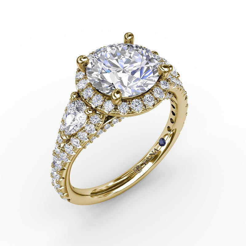 Fana Three-Stone Round Diamond Halo Engagement Ring